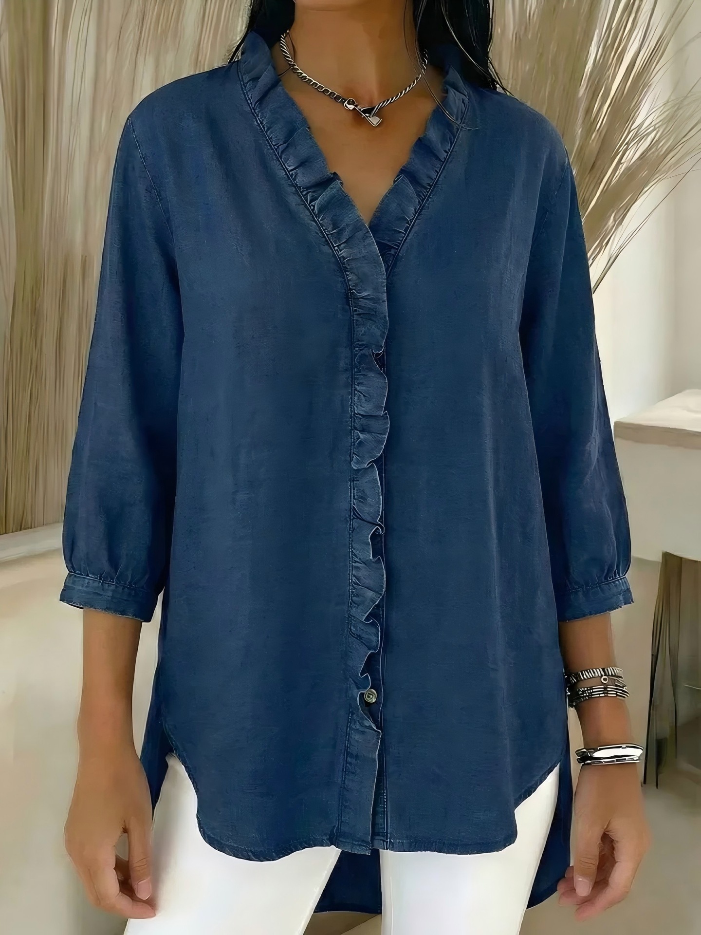 Women's Casual Denim V-Neck Ruffled Shirt(Buy 2 Free Shipping)