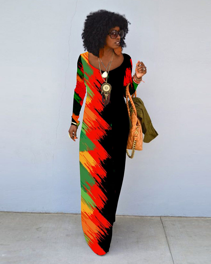 Juneteenth Design Print Crew Neck Long Sleeve Dress（Buy 2 Free Shipping)