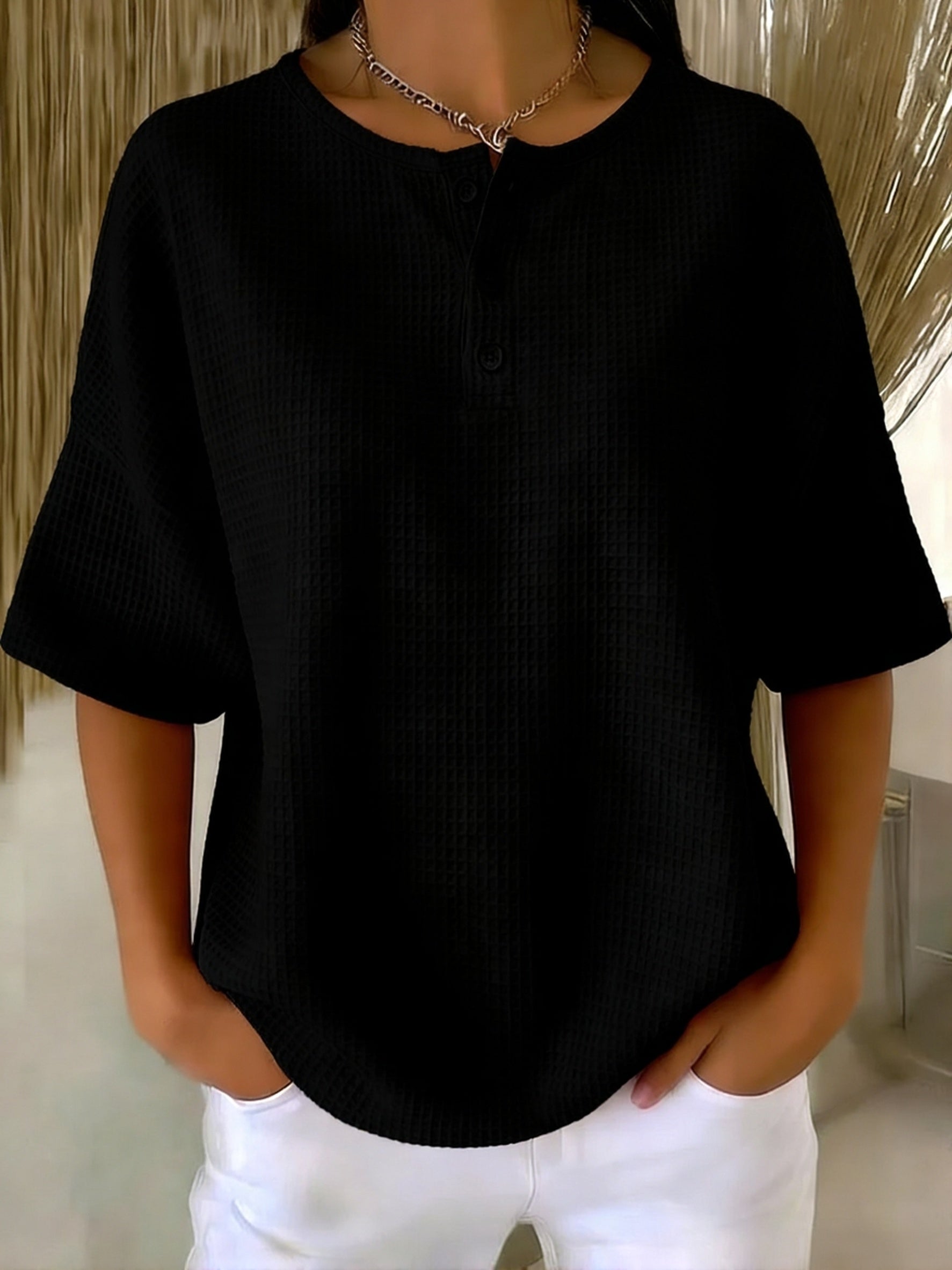 Casual Waffle Henry Collar Sweatshirt with button