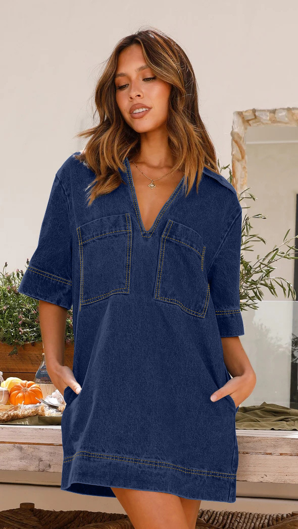 Women's Summer  Oversized V Neck Denim Shirts Dress(Buy 2 Free Shipping)