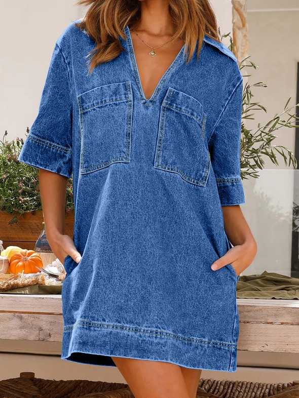 Women's Summer  Oversized V Neck Denim Shirts Dress(Buy 2 Free Shipping)