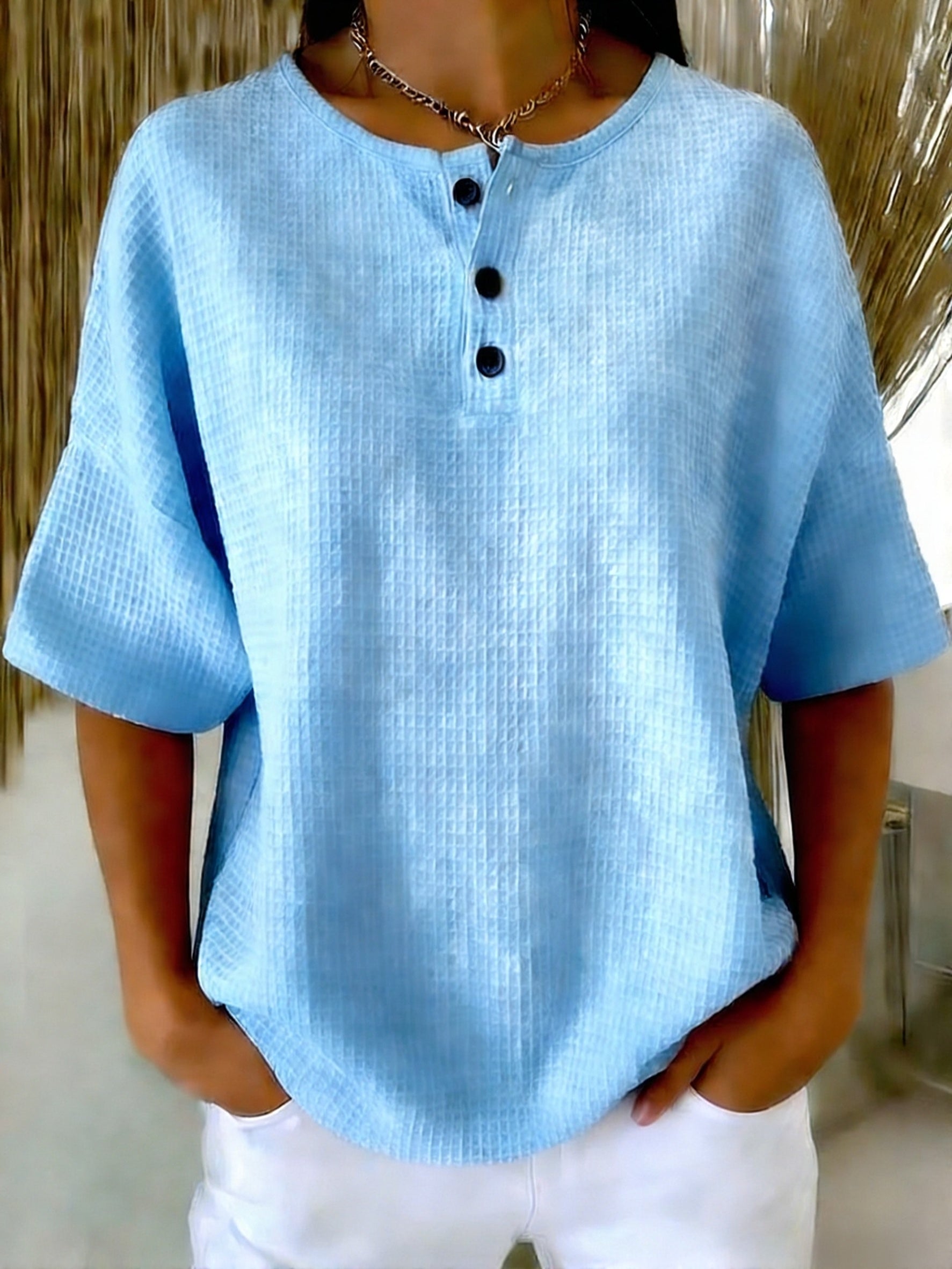 Casual Waffle Henry Collar Sweatshirt with button