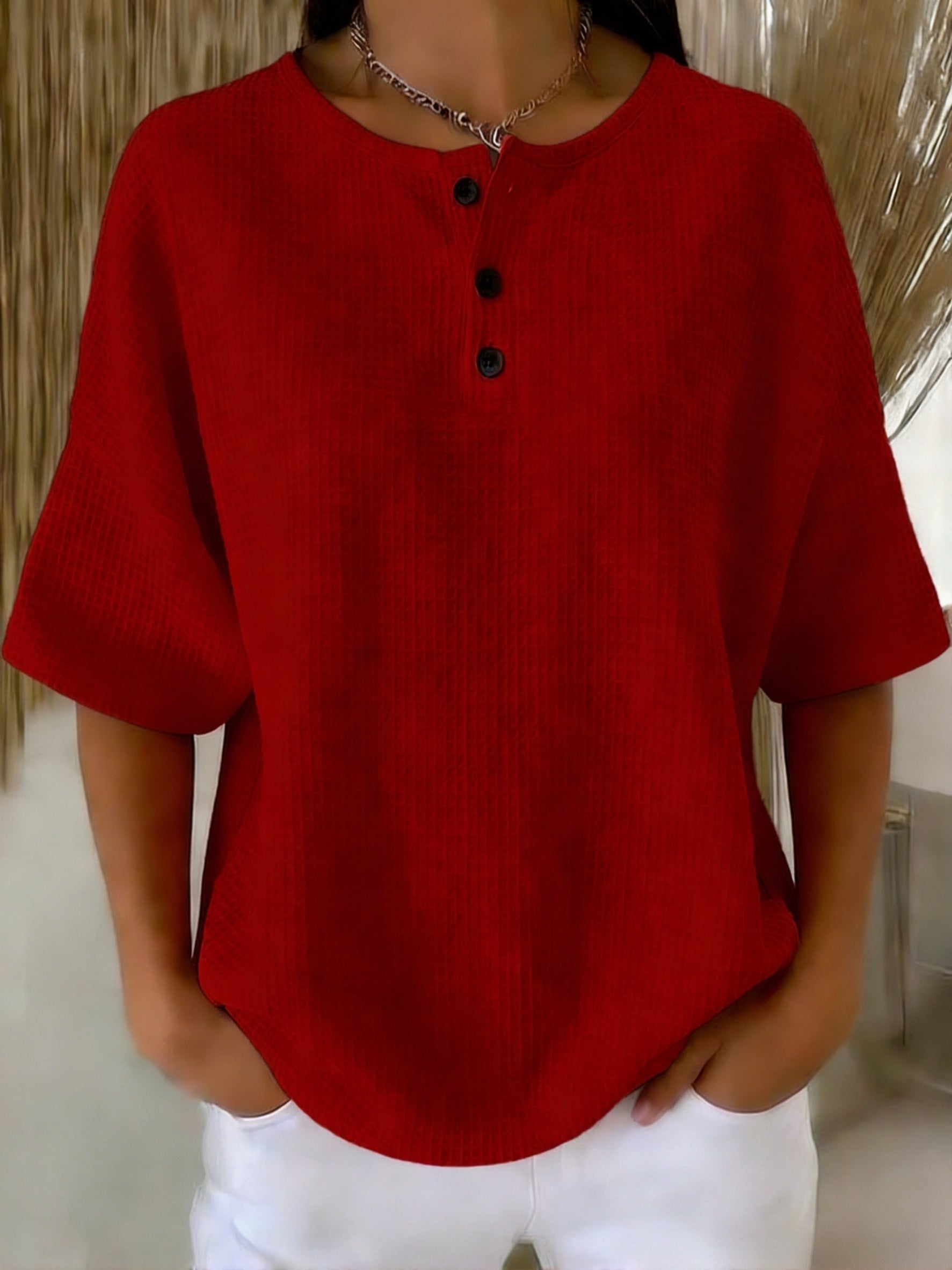 Casual Waffle Henry Collar Sweatshirt with button