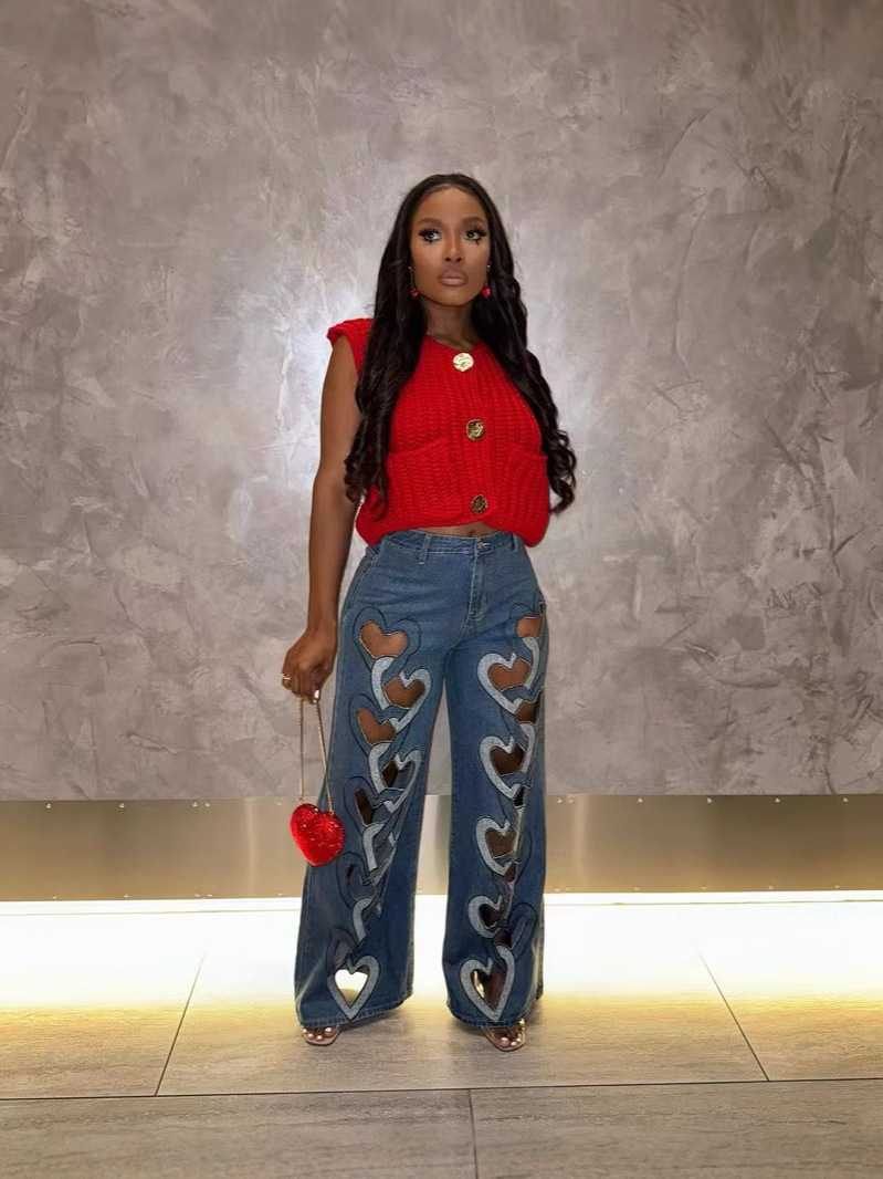 Womens Embroidery Heart Cut High Waisted Straight Denim Leg  (Buy 2 Free Shipping)