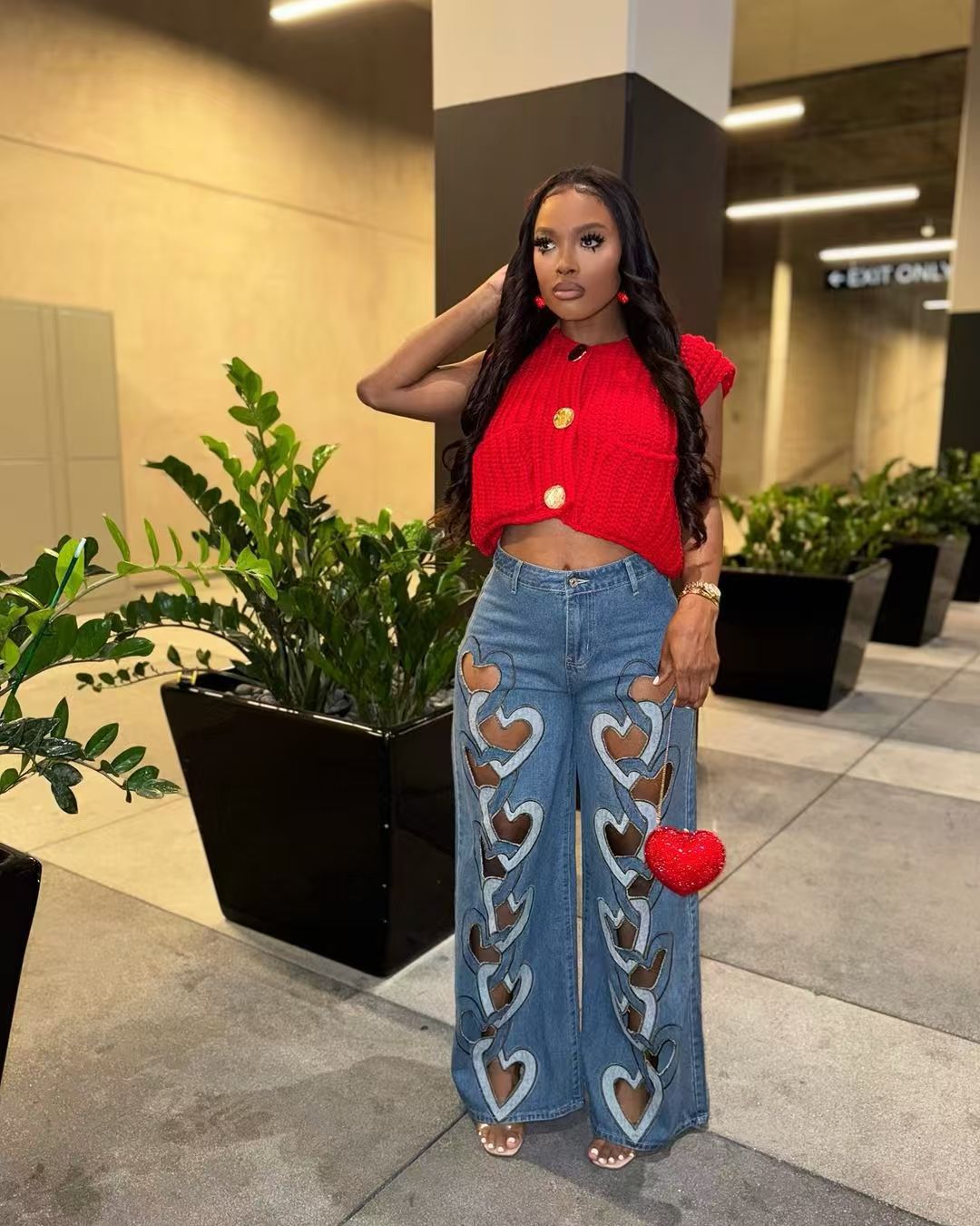 Womens Embroidery Heart Cut High Waisted Straight Denim Leg  (Buy 2 Free Shipping)