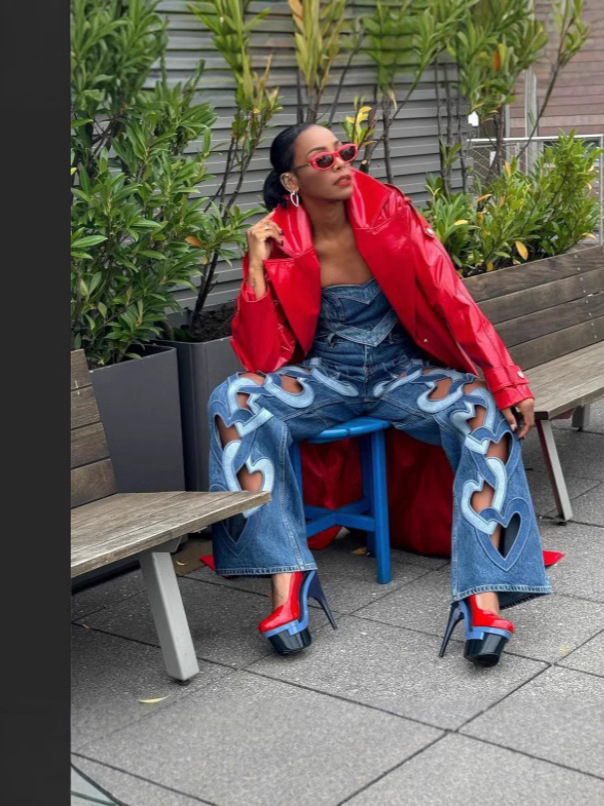 Womens Embroidery Heart Cut High Waisted Straight Denim Leg  (Buy 2 Free Shipping)