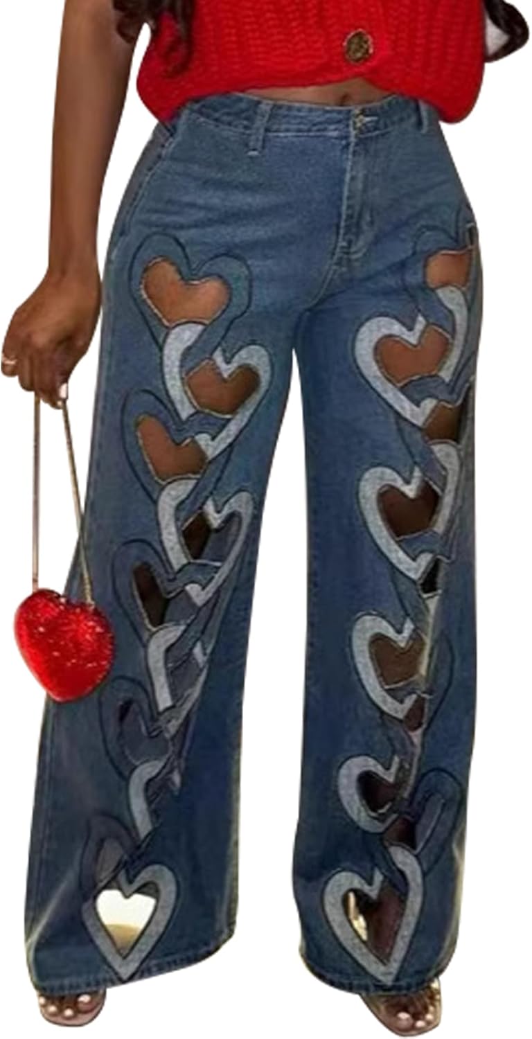 Womens Embroidery Heart Cut High Waisted Straight Denim Leg  (Buy 2 Free Shipping)