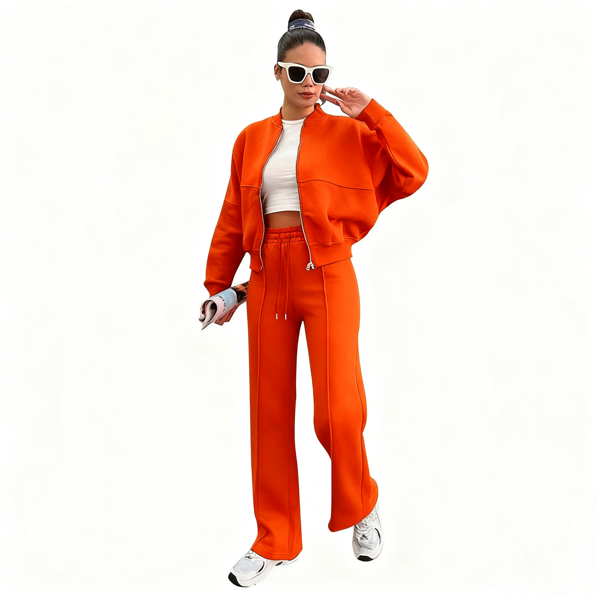Solid Color Casual Long Sleeve Zipper Jacket and Elastic Waist Pocket Wide Leg Pants Set （Buy 2 Free Shipping)