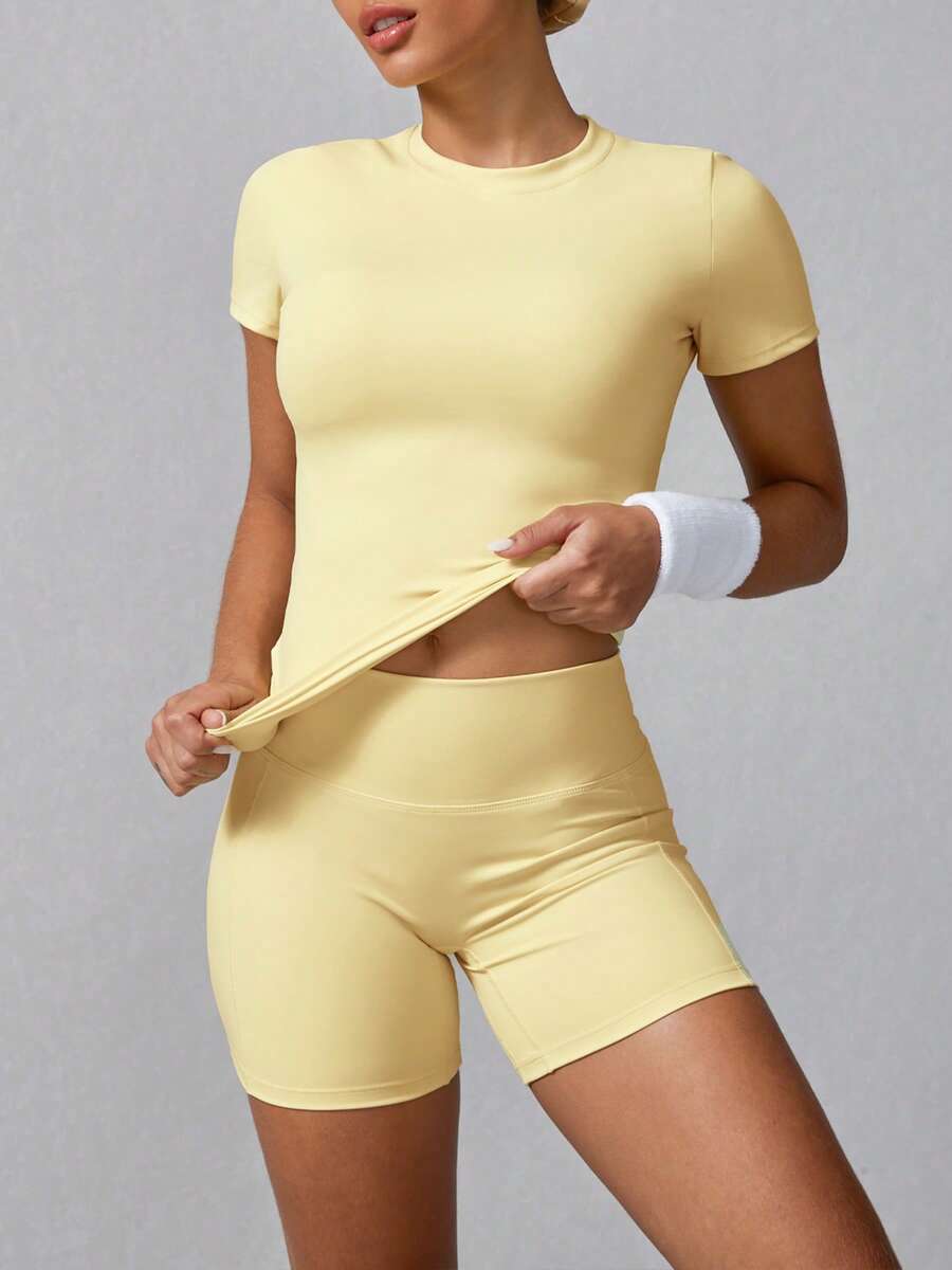 Women's Simple Solid Color Short Sleeve Shorts Sports Set Pink Summer (Buy 2 Free Shipping)