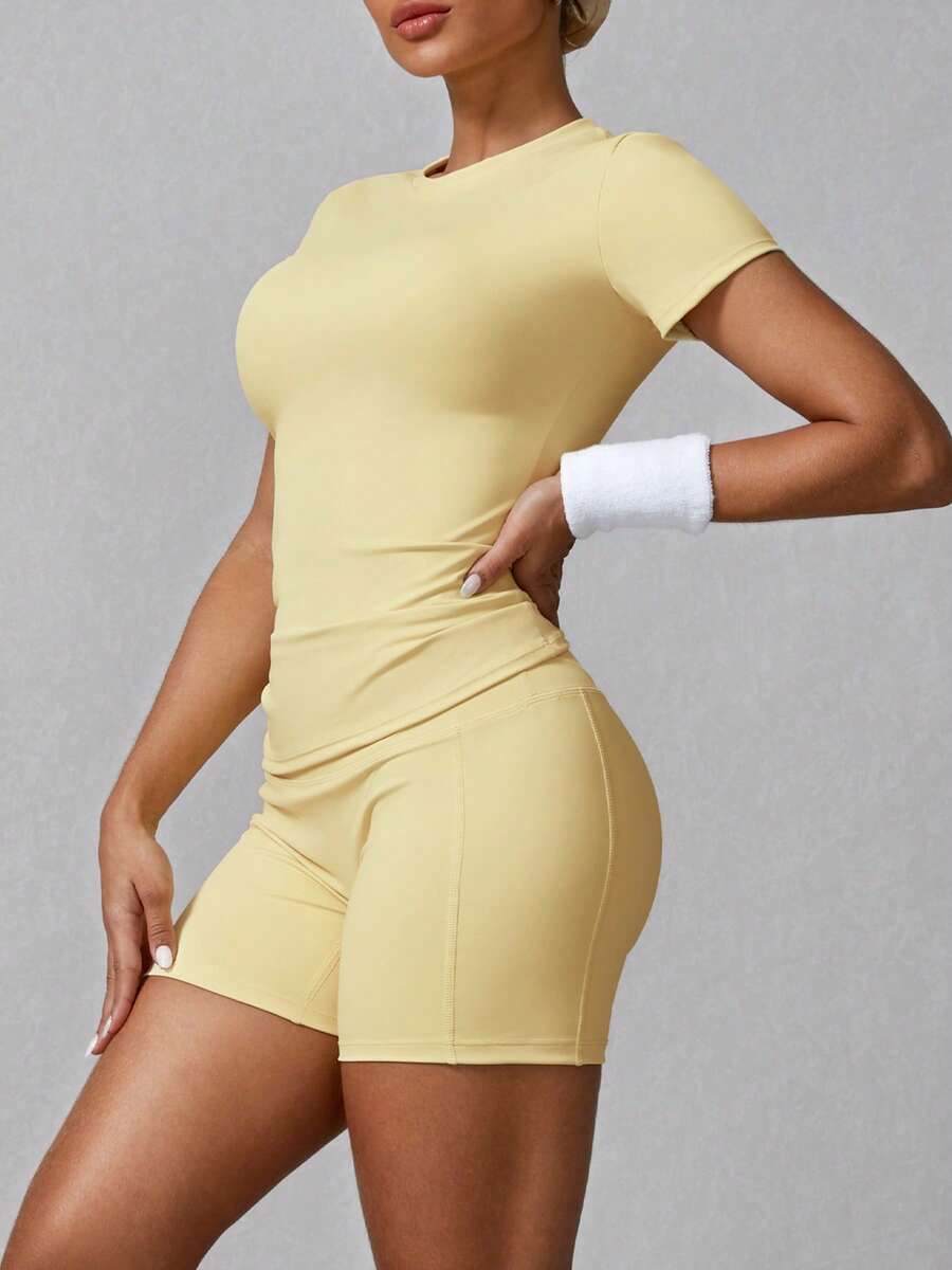 Women's Simple Solid Color Short Sleeve Shorts Sports Set Pink Summer (Buy 2 Free Shipping)