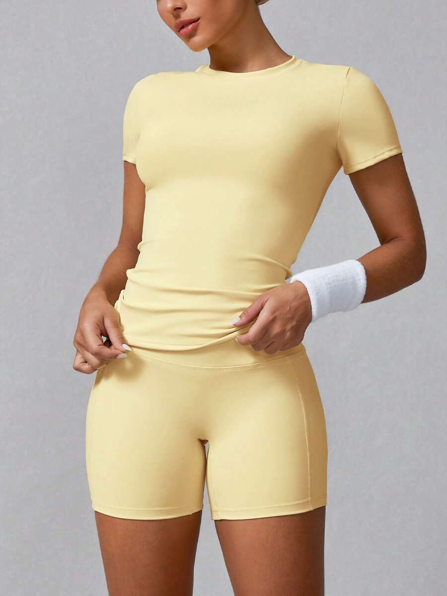 Women's Simple Solid Color Short Sleeve Shorts Sports Set Pink Summer (Buy 2 Free Shipping)