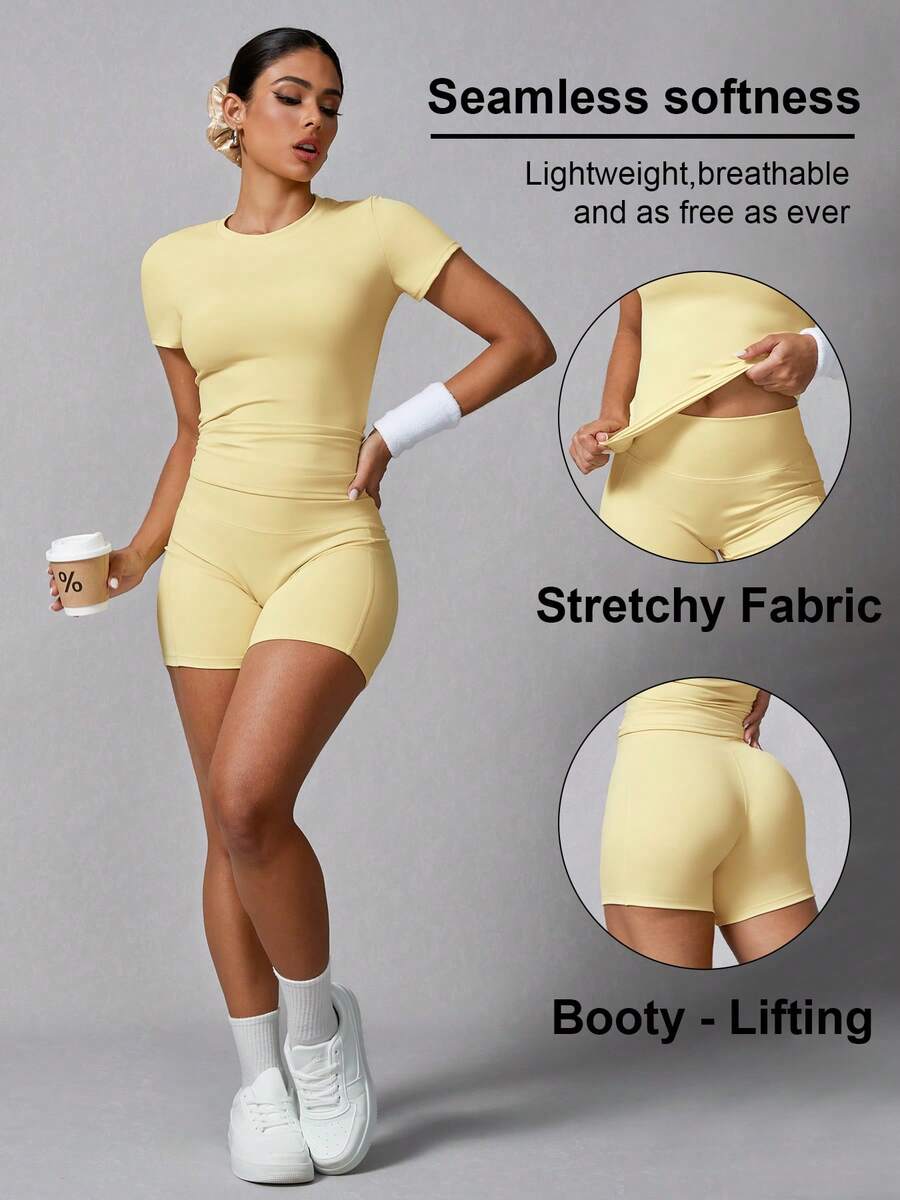 Women's Simple Solid Color Short Sleeve Shorts Sports Set Pink Summer (Buy 2 Free Shipping)