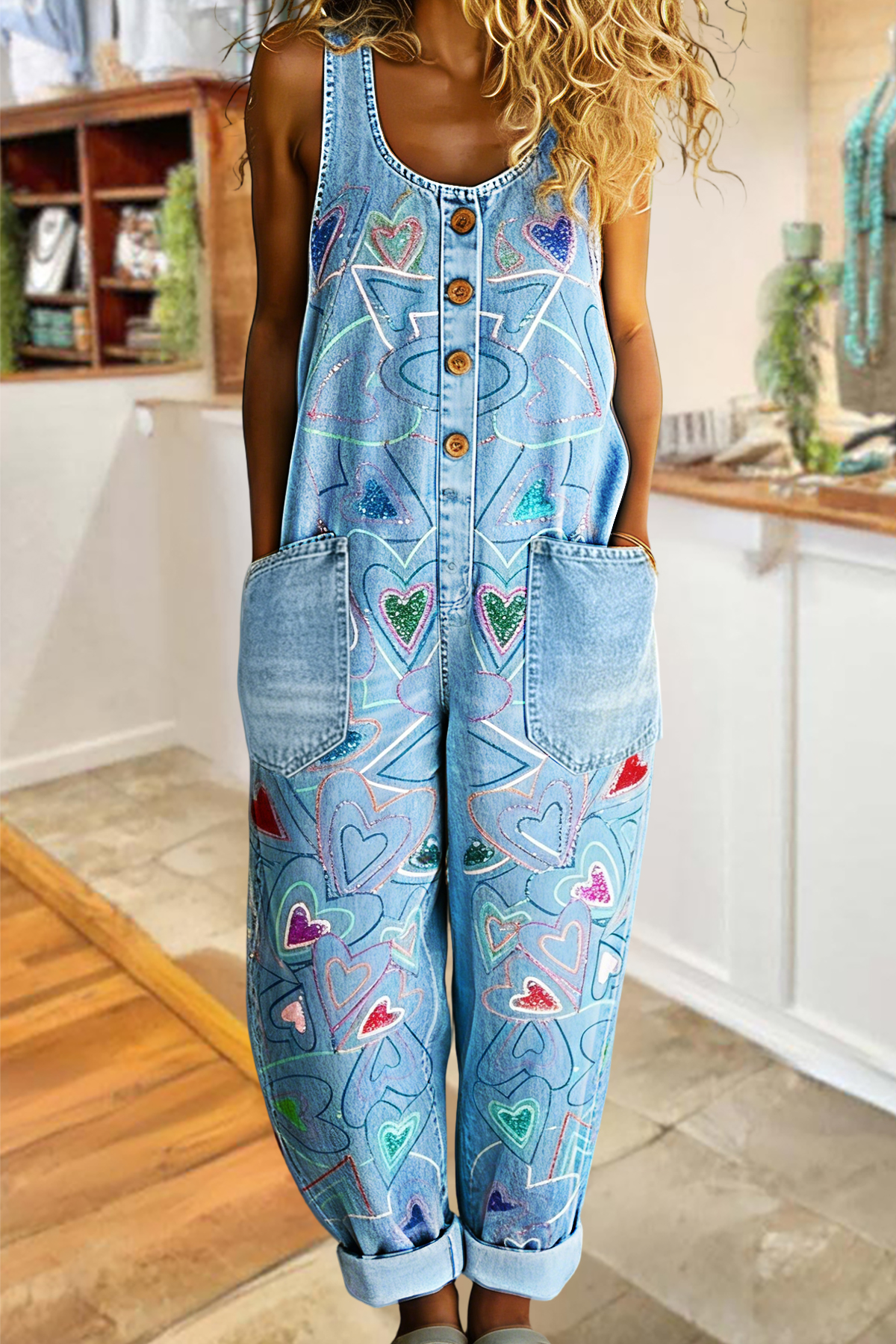 Classic Heart Print Sleeveless Overalls (Buy 2 Free Shipping)