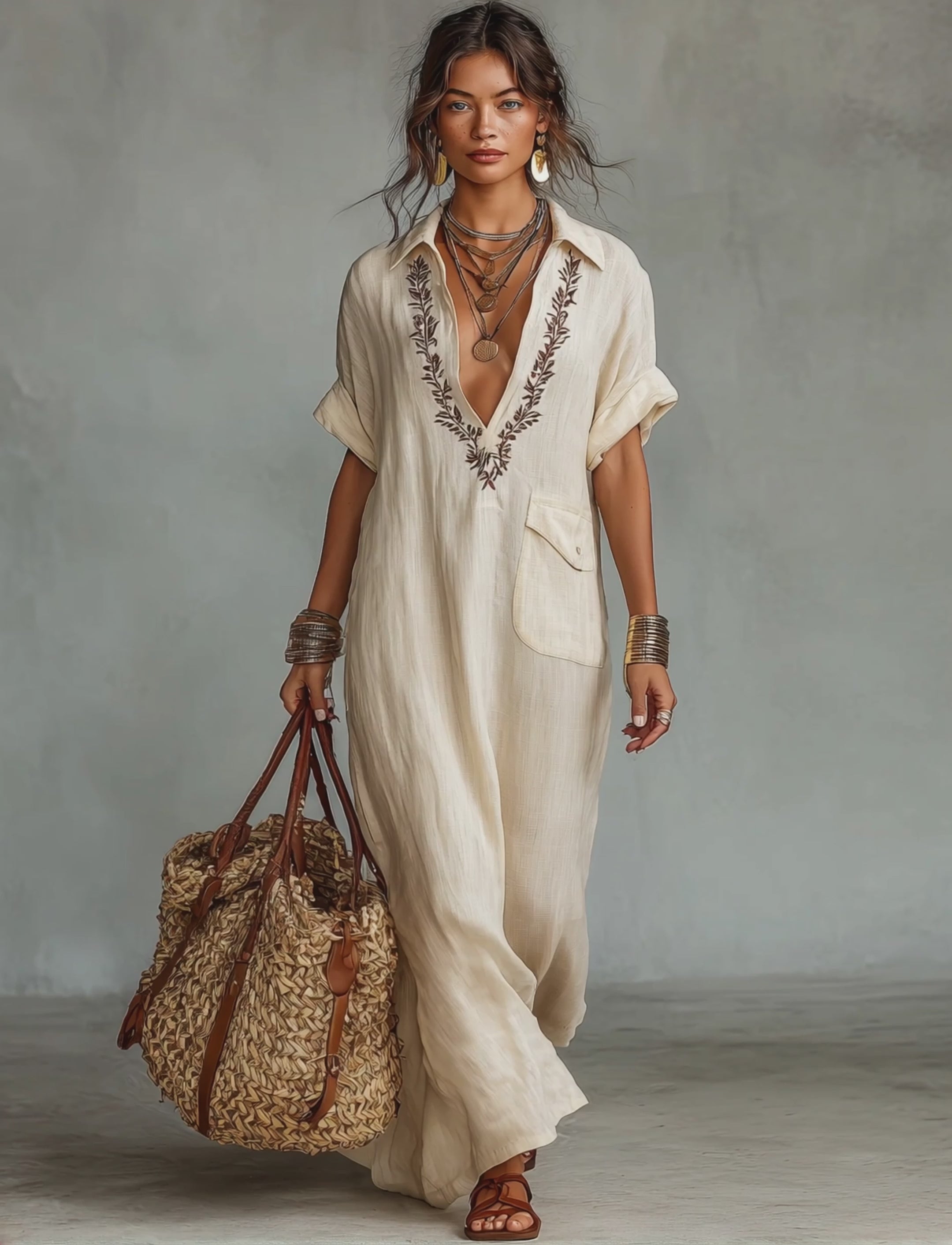 Women's Minimalist Linen Blend Embroidered Short-sleeved Shirt Maxi Dress （buy 2 Free Shipping)