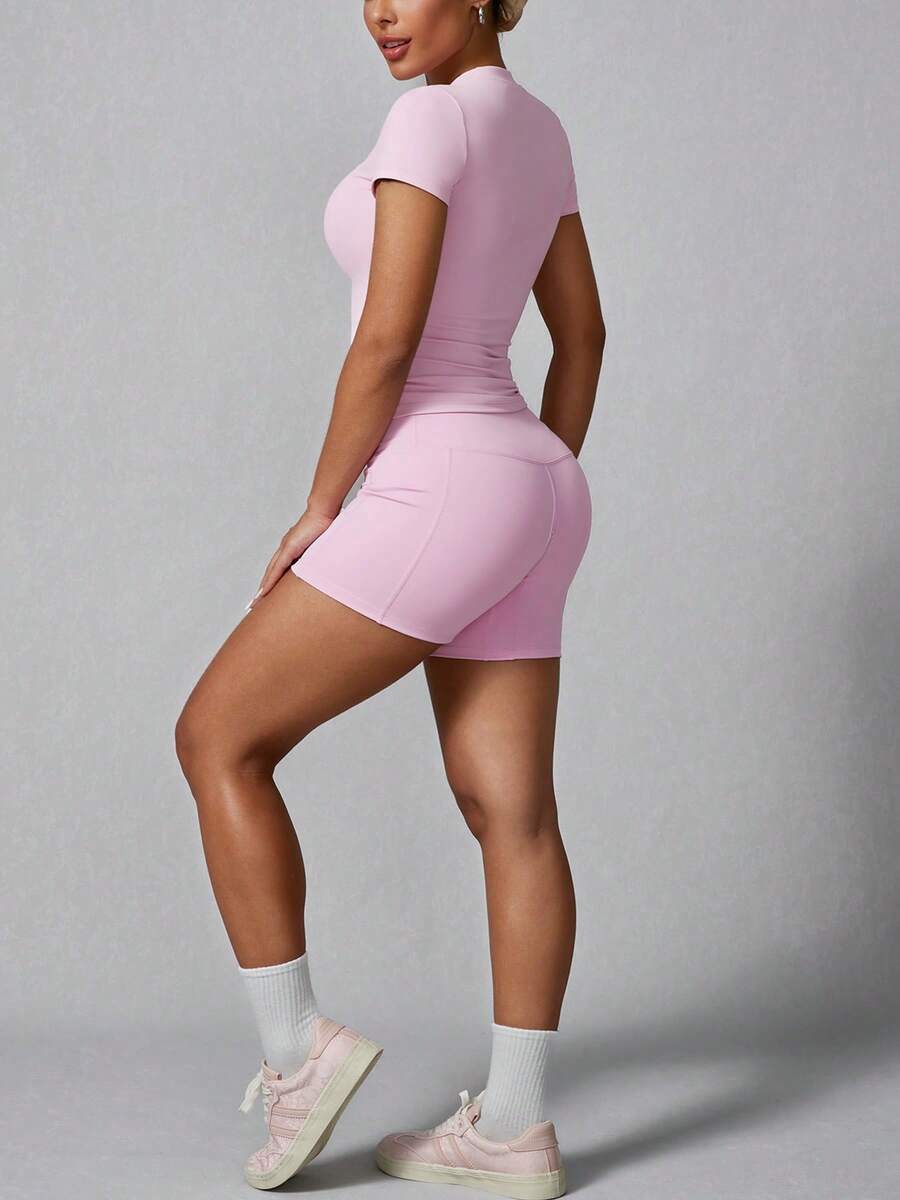 Women's Simple Solid Color Short Sleeve Shorts Sports Set  (Buy 2 Free Shipping)