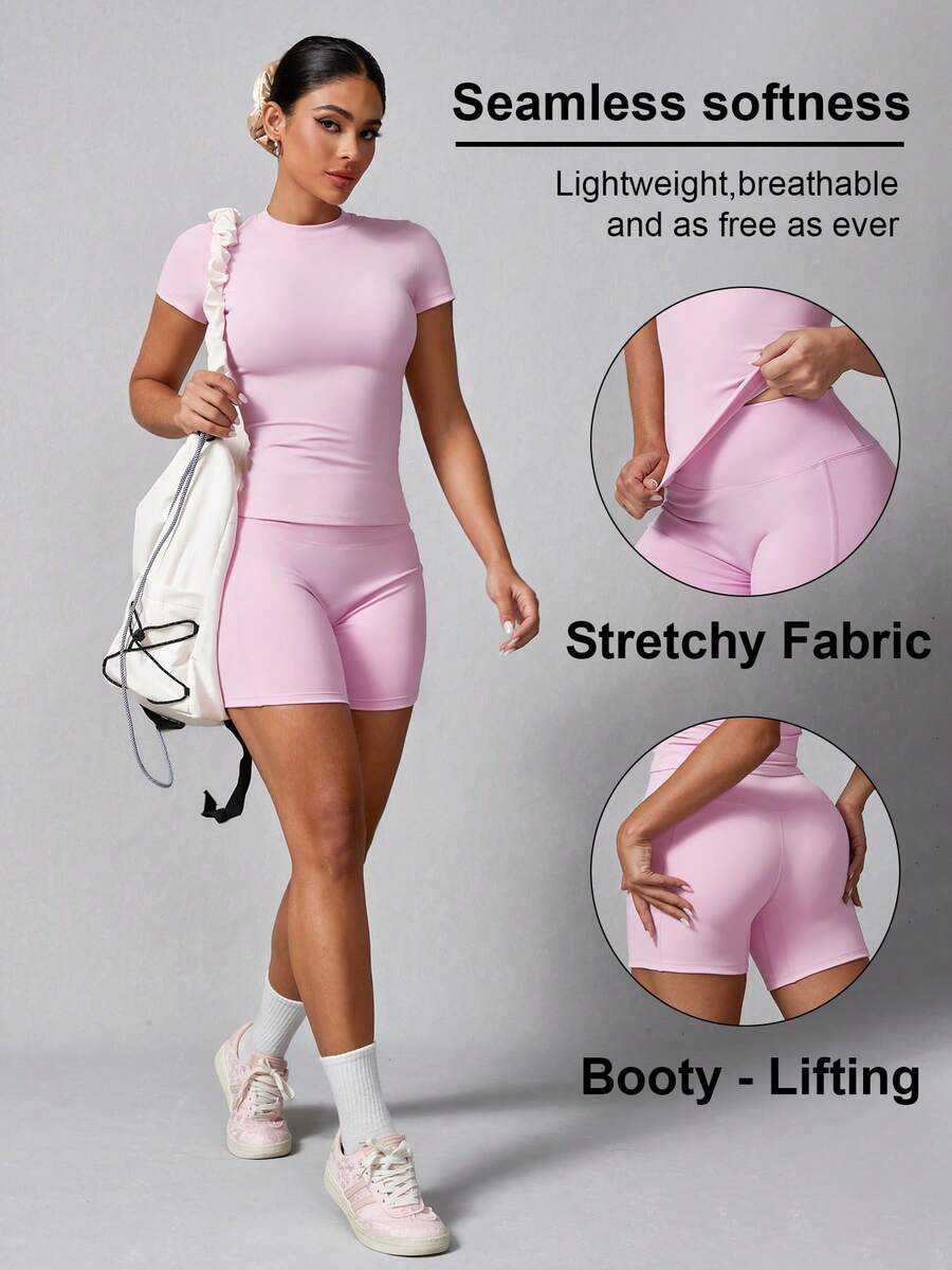 Women's Simple Solid Color Short Sleeve Shorts Sports Set  (Buy 2 Free Shipping)