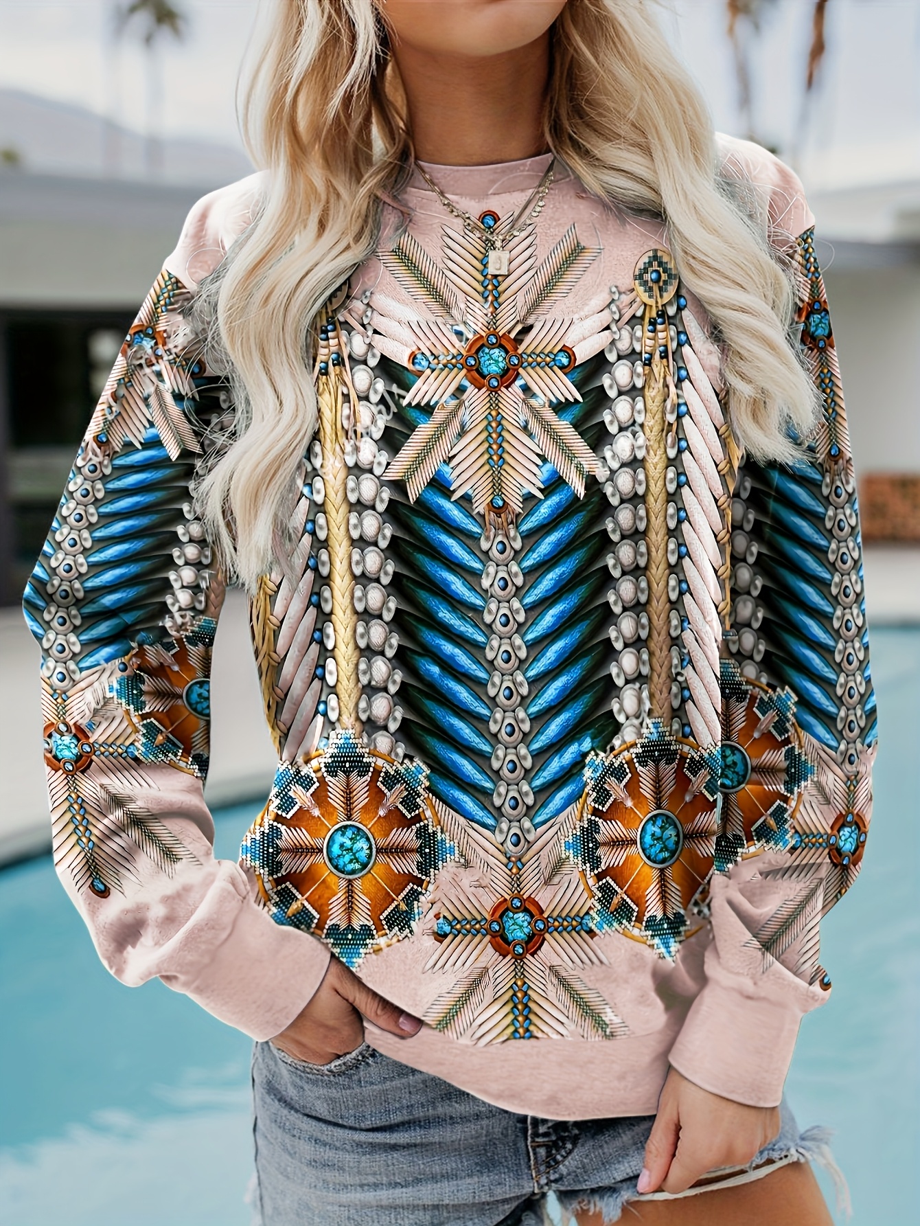 Women'S Western Ethnic Print Sweatshirt - Vintage-Inspired Round Neck Pullover（Buy 2 Free Shipping)