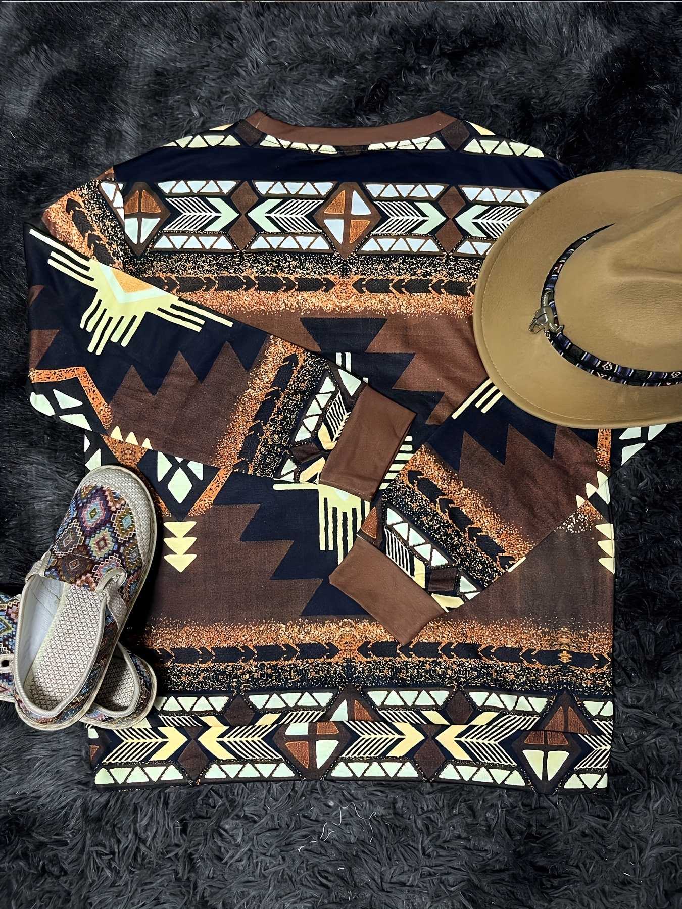 Western Ethnic Print Sweatshirt, Vintage Crew Neck Long Sleeve Sweatshirt（Buy 2 Free Shipping)