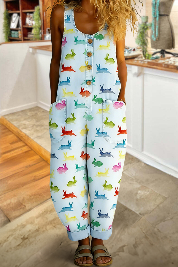 Easter Bunny Sleeveless Washed Cotton Denim Jumpsuit (Buy 2 Free Shipping)