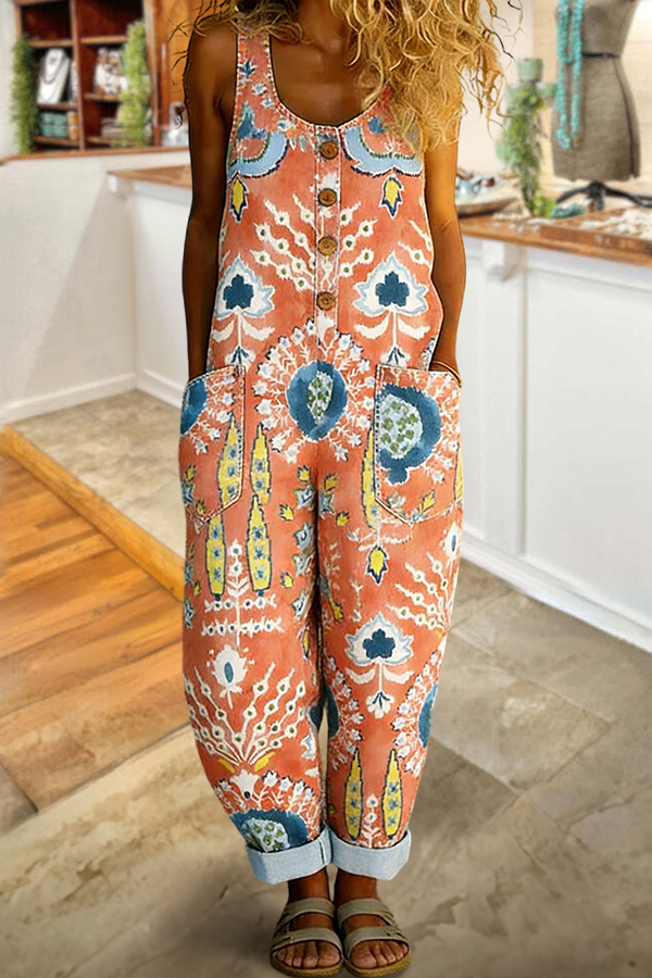 Suzani Sleeveless Washed Cotton Denim Jumpsuit (Buy 2 Free Shipping)