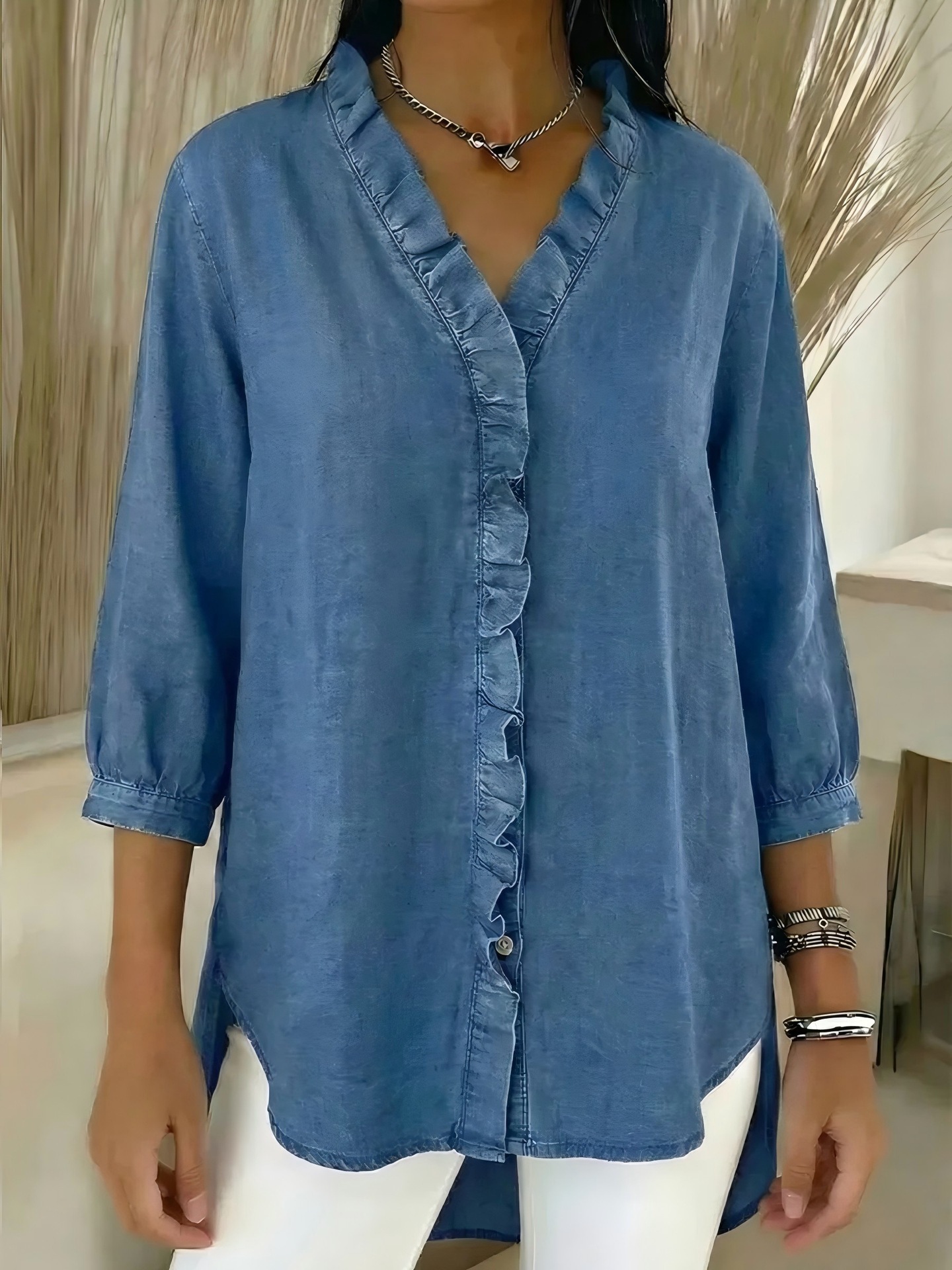 Women's Casual Denim V-Neck Ruffled Shirt(Buy 2 Free Shipping)