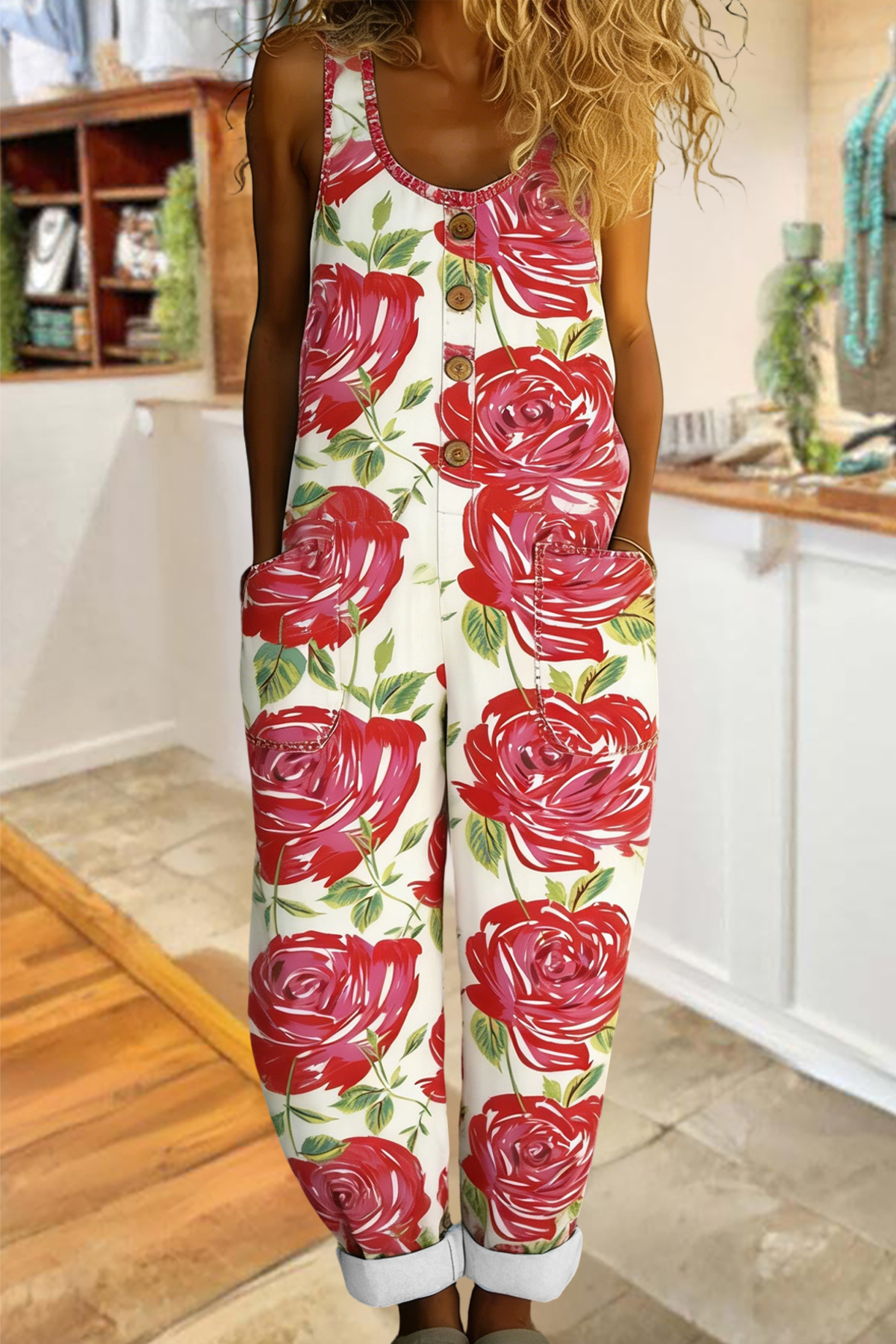 Classic Floral Sleeveless Washed Cotton Overalls (Buy 2 Free Shipping)