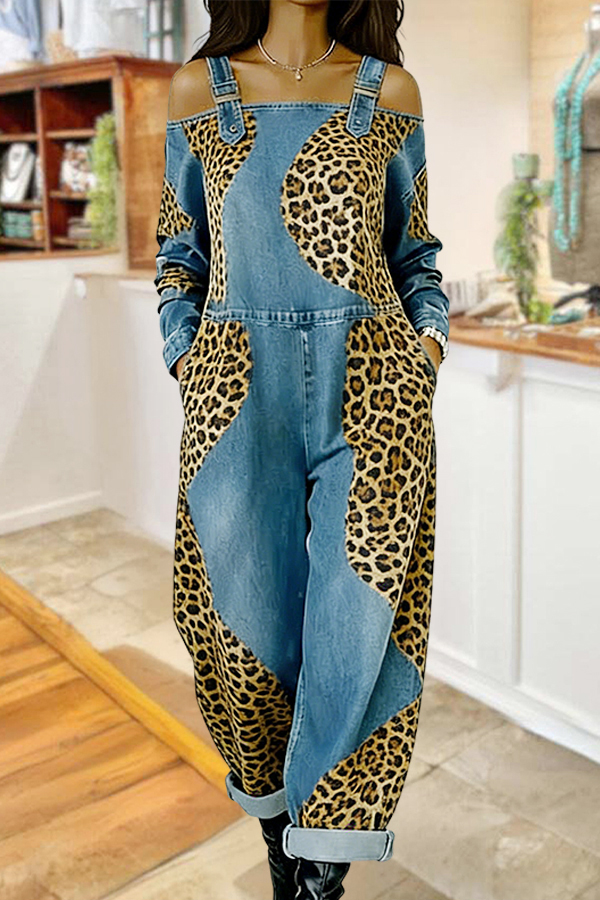 Classic Leopard Adjustable Shoulder Strap Denim Jumpsuit (Buy 2 Free Shipping)