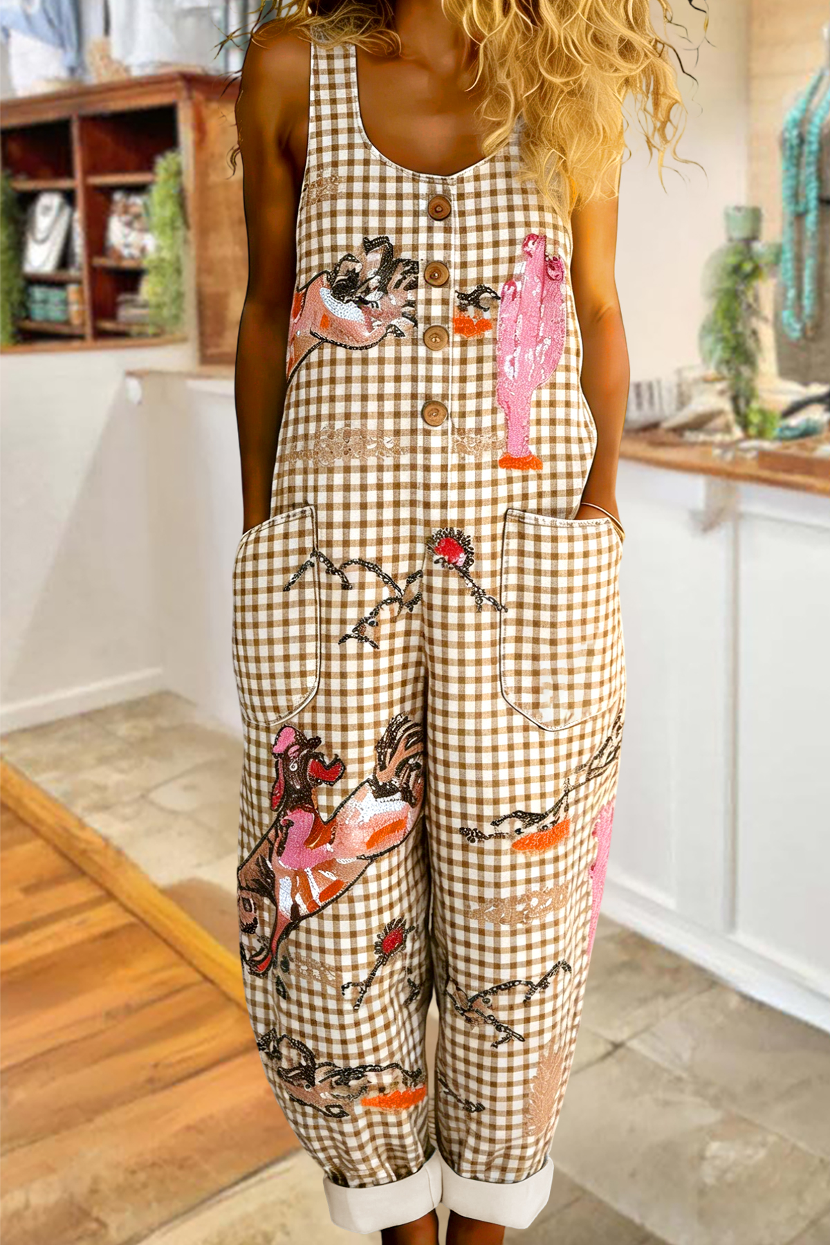 Vintage Western Plaid Print Sleeveless Overalls (Buy 2 Free Shipping)