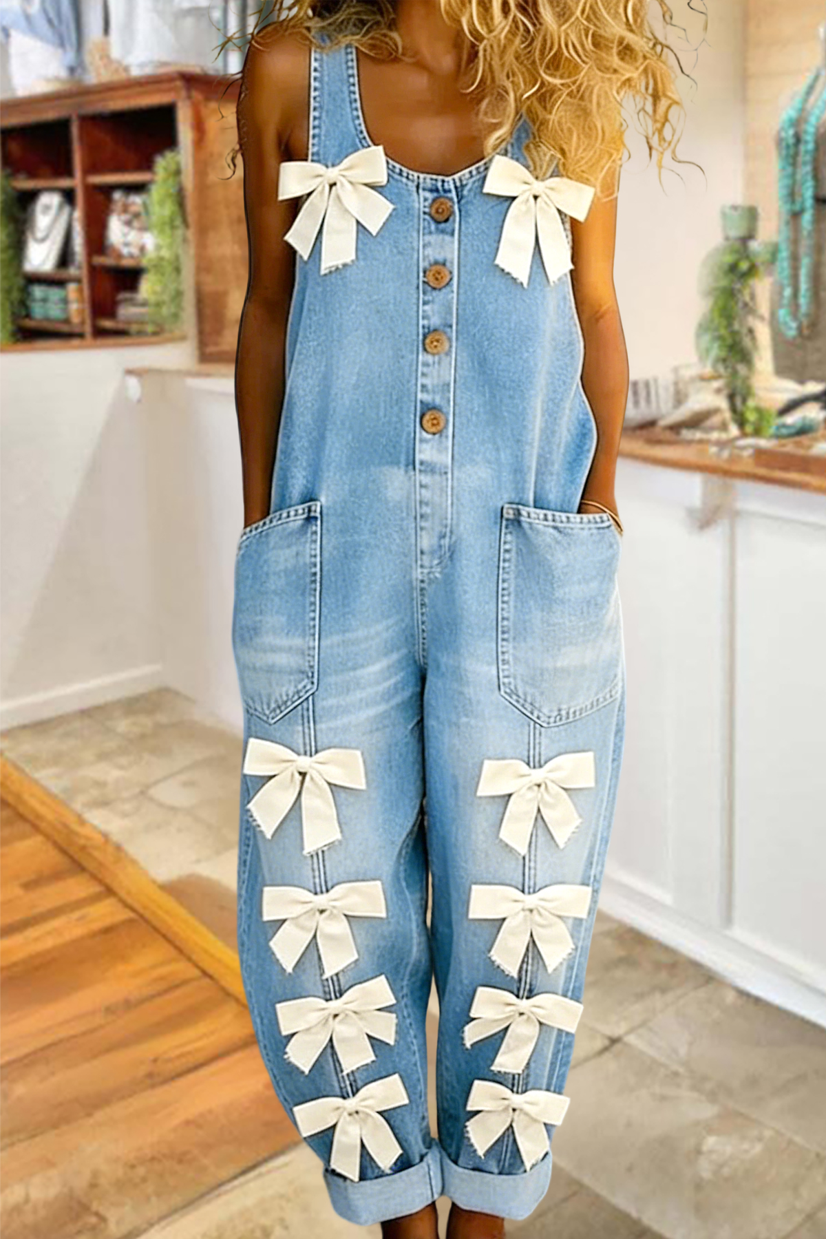Classic Bow Denim Sleeveless Overalls (Buy 2 Free Shipping)