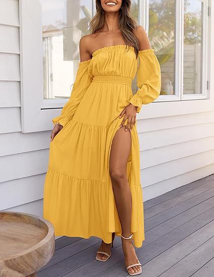 Women's Boho Sexy Off Shoulder Long Sleeve Smocked Maxi Dress （Buy 2 Free Shipping）