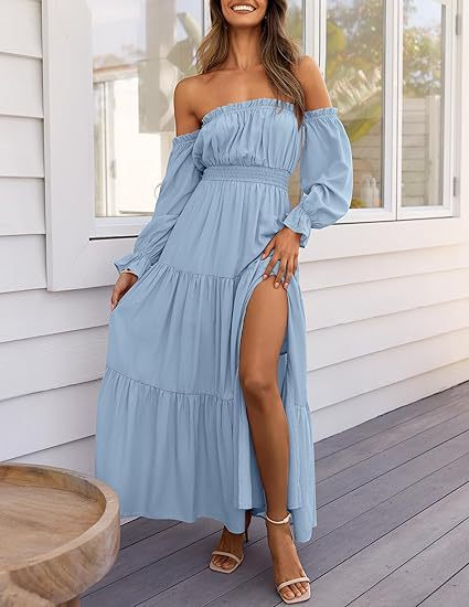 Women's Boho Sexy Off Shoulder Long Sleeve Smocked Maxi Dress （Buy 2 Free Shipping）