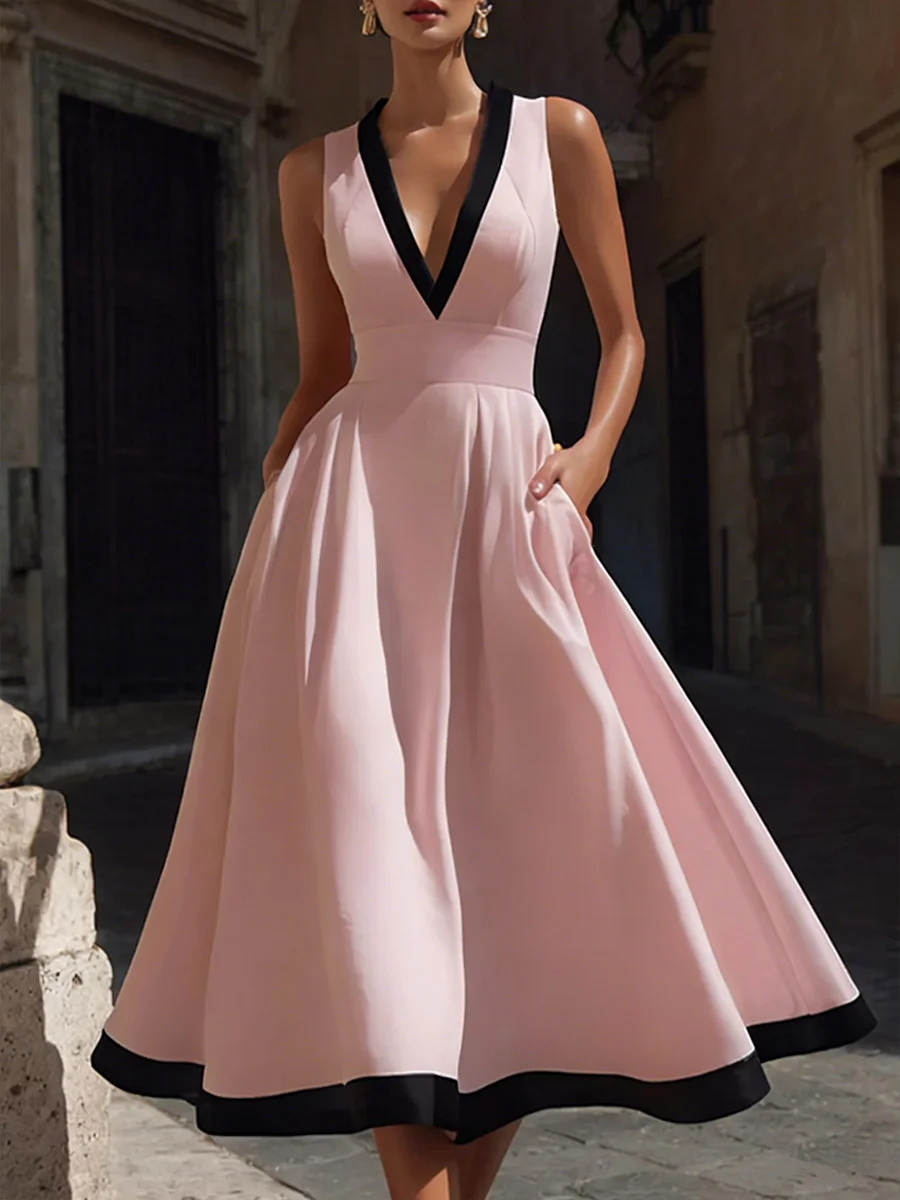 Elegant Color Block V Neck Midi Dress