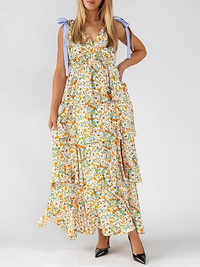 Womens Summer Sleeveless V Neck Floral Maxi Dress with Tie Strap- Boho Ruffle Tiered Beach Dresses (Buy 2 Free Shipping)