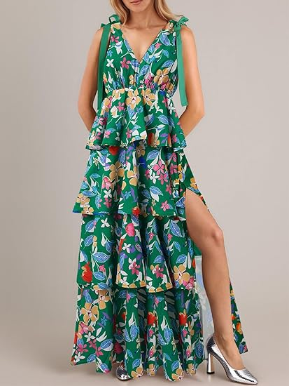 Womens Summer Sleeveless V Neck Floral Maxi Dress with Tie Strap- Boho Ruffle Tiered Beach Dresses (Buy 2 Free Shipping)