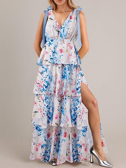 Womens Summer Sleeveless V Neck Floral Maxi Dress with Tie Strap- Boho Ruffle Tiered Beach Dresses (Buy 2 Free Shipping)