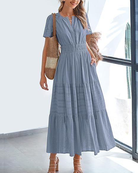 2026 Women's Summer  Casual Maxi Dress Lightweight Short Sleeve V Neck Boho Dress with Pockets