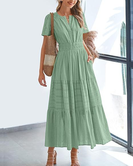 2026 Women's Summer  Casual Maxi Dress Lightweight Short Sleeve V Neck Boho Dress with Pockets