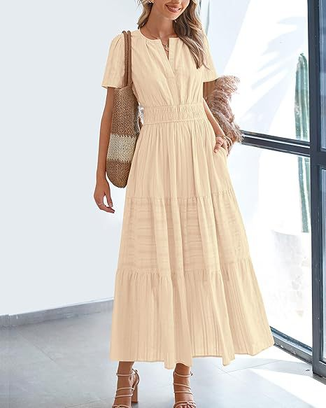 2026 Women's Summer  Casual Maxi Dress Lightweight Short Sleeve V Neck Boho Dress with Pockets