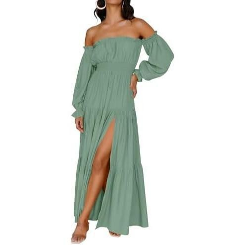 Women's Boho Sexy Off Shoulder Long Sleeve Smocked Maxi Dress （Buy 2 Free Shipping）