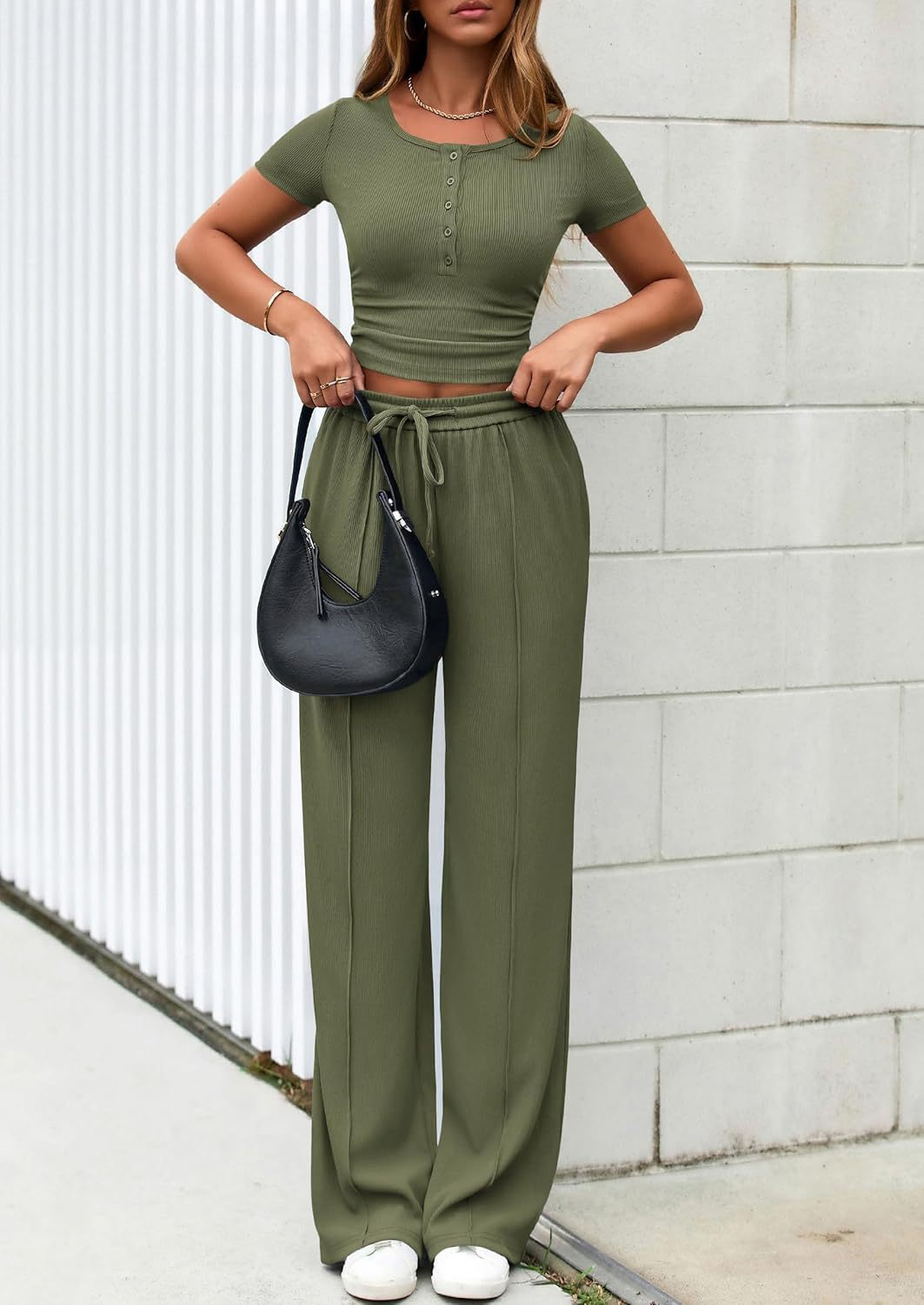 Women's 2-Piece Outfits Summer Ribbed Knit Button Short Sleeve Crop Slim Fit Tops & Wide Leg Pants Lounge Sets （Buy 2 Free Shipping)