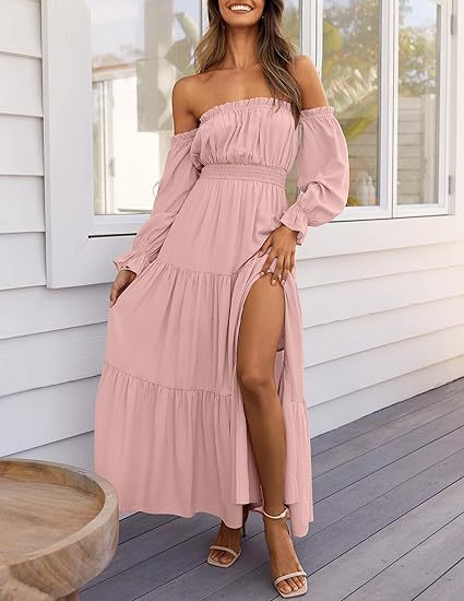 Women's Boho Sexy Off Shoulder Long Sleeve Smocked Maxi Dress （Buy 2 Free Shipping）
