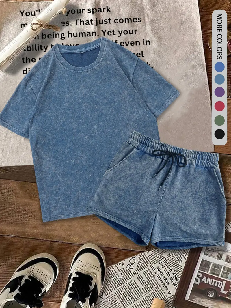 Two-piece Set Women's Solid Color Denim-effect Print Tee & Shorts  (Buy 2 Free Shipping)