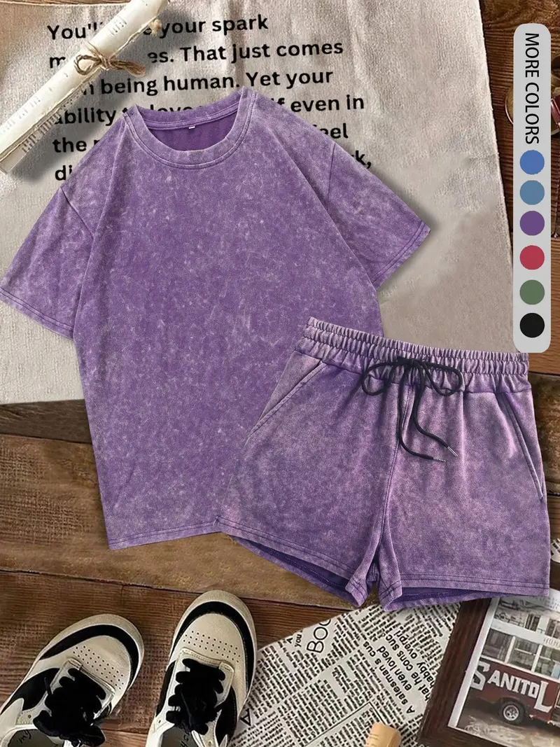 Two-piece Set Women's Solid Color Denim-effect Print Tee & Shorts  (Buy 2 Free Shipping)