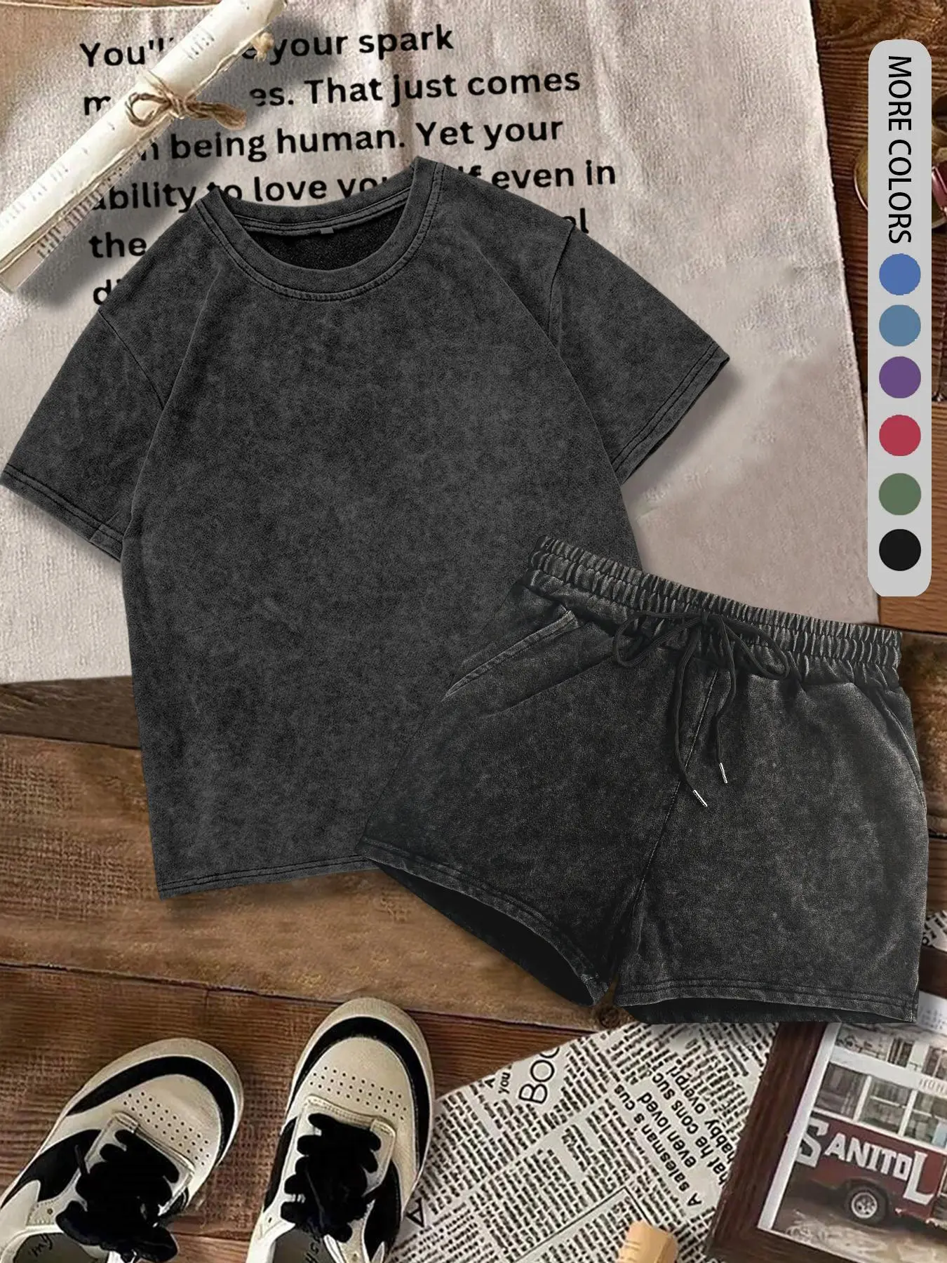 Two-piece Set Women's Solid Color Denim-effect Print Tee & Shorts  (Buy 2 Free Shipping)