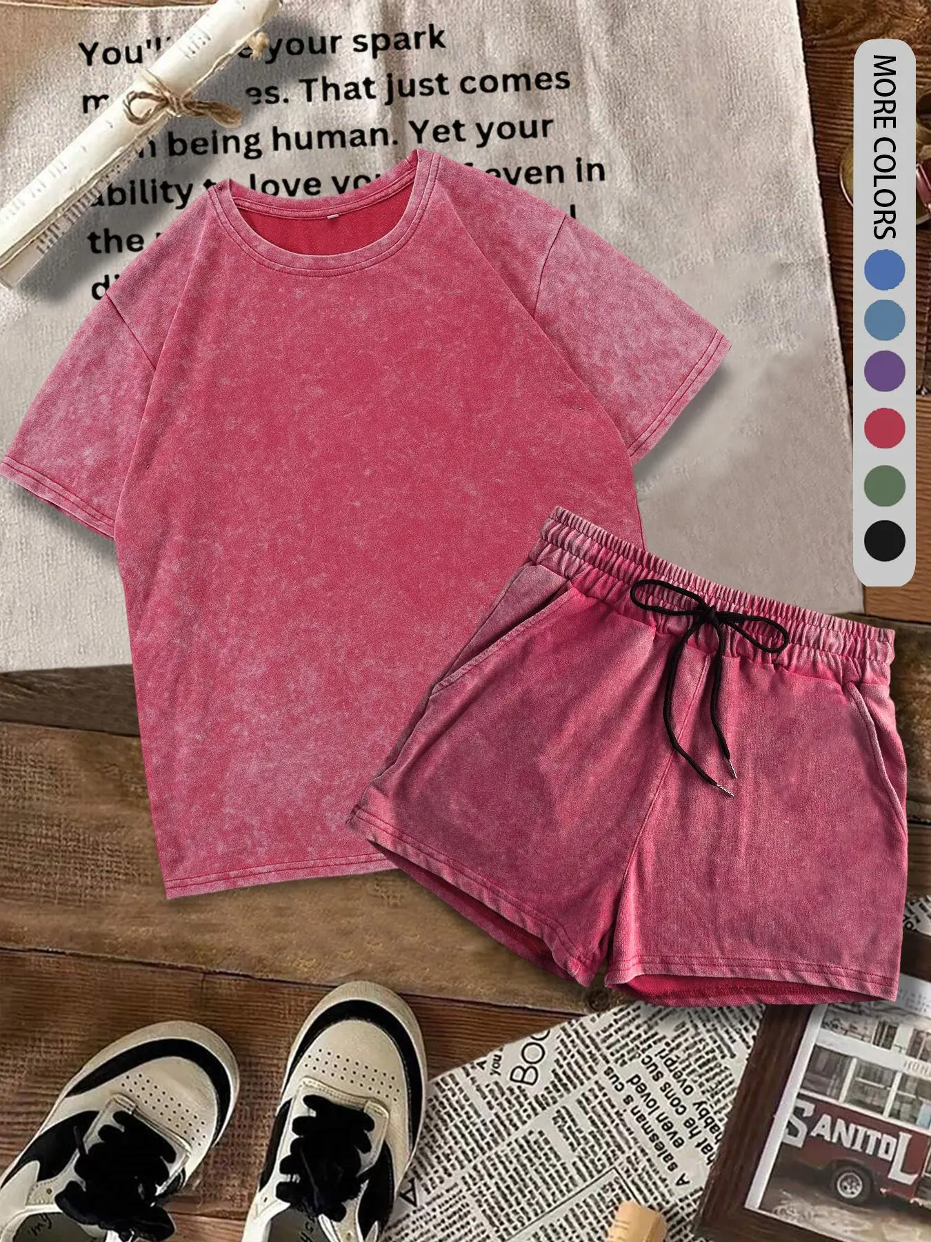 Two-piece Set Women's Solid Color Denim-effect Print Tee & Shorts  (Buy 2 Free Shipping)