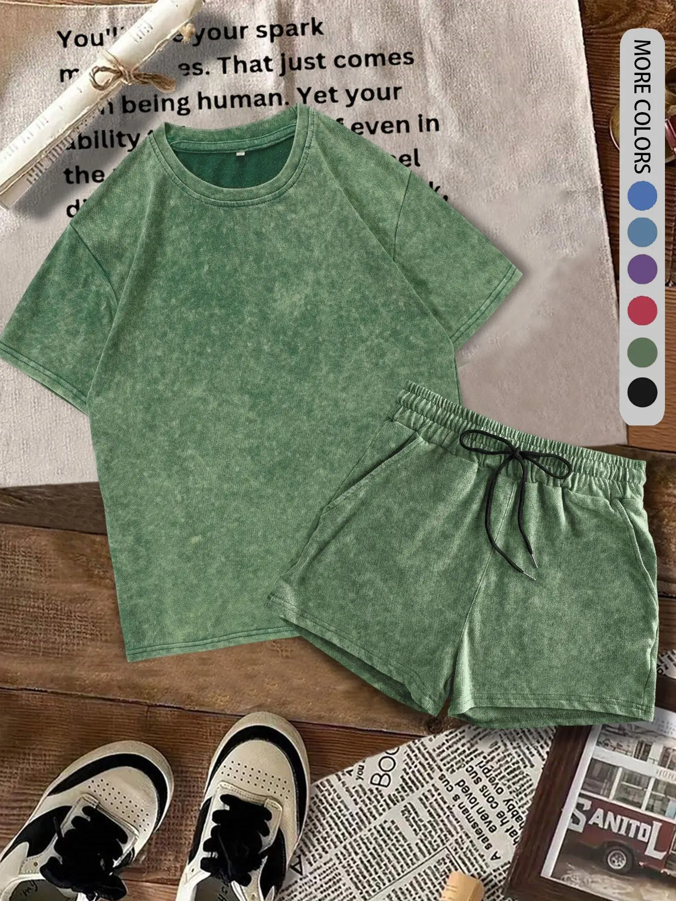 Two-piece Set Women's Solid Color Denim-effect Print Tee & Shorts  (Buy 2 Free Shipping)