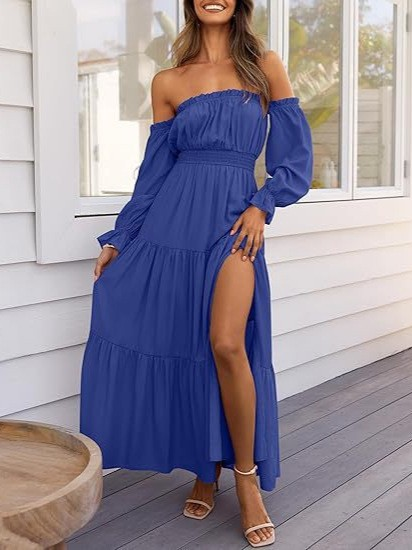 Women's Boho Sexy Off Shoulder Long Sleeve Smocked Maxi Dress （Buy 2 Free Shipping）