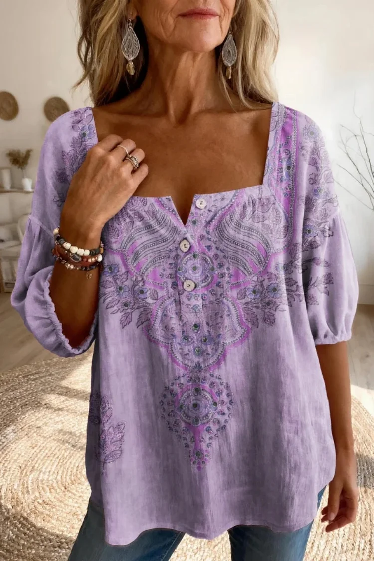 Women'S Retro Floral Print Casual Square Neck Top