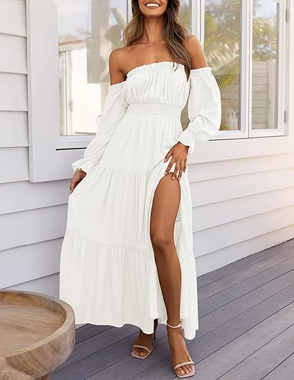 Women's Boho Sexy Off Shoulder Long Sleeve Smocked Maxi Dress （Buy 2 Free Shipping）