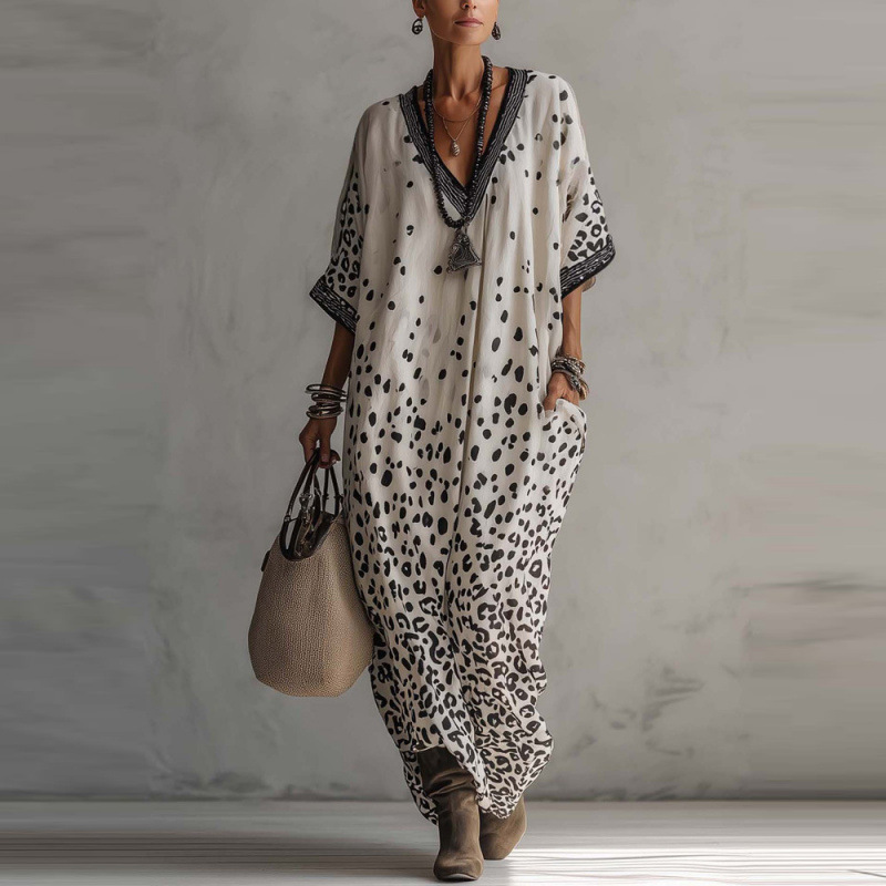 Flowy And Loose Leopard Print Mid Sleeve Dress (Buy 2 Free Shipping)